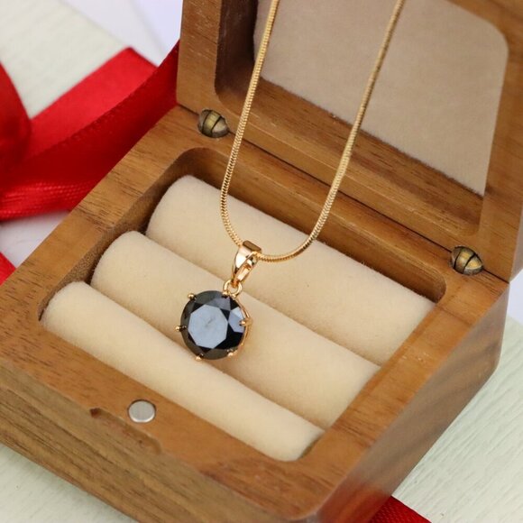 "Round Black Stone Rose Gold Pendant with Classic Prong Setting, XPPT1261 - Picture 5 of 13